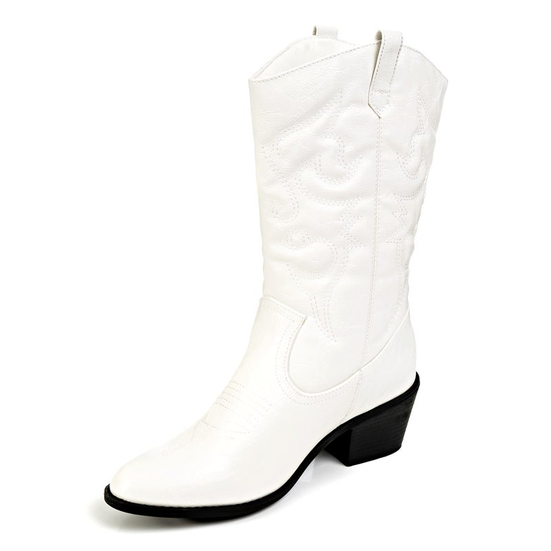 Charles Albert Womens Cowboy Boots for Women Embroidered Stacked Heel Mid-Calf Western Cowgirl Boots in White Size 6 - Image 3